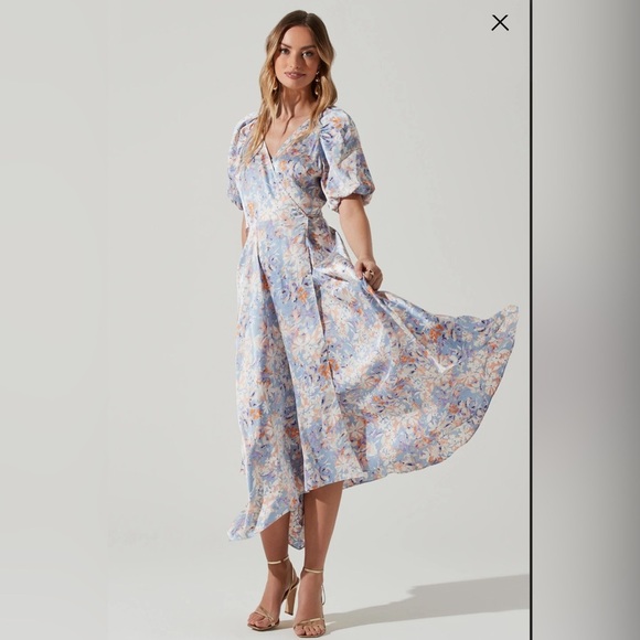 NWT ASTR Satin Floral Wrap Midi Dress XS Asymmetrical Sleeves Wedding Guest - Picture 1 of 16